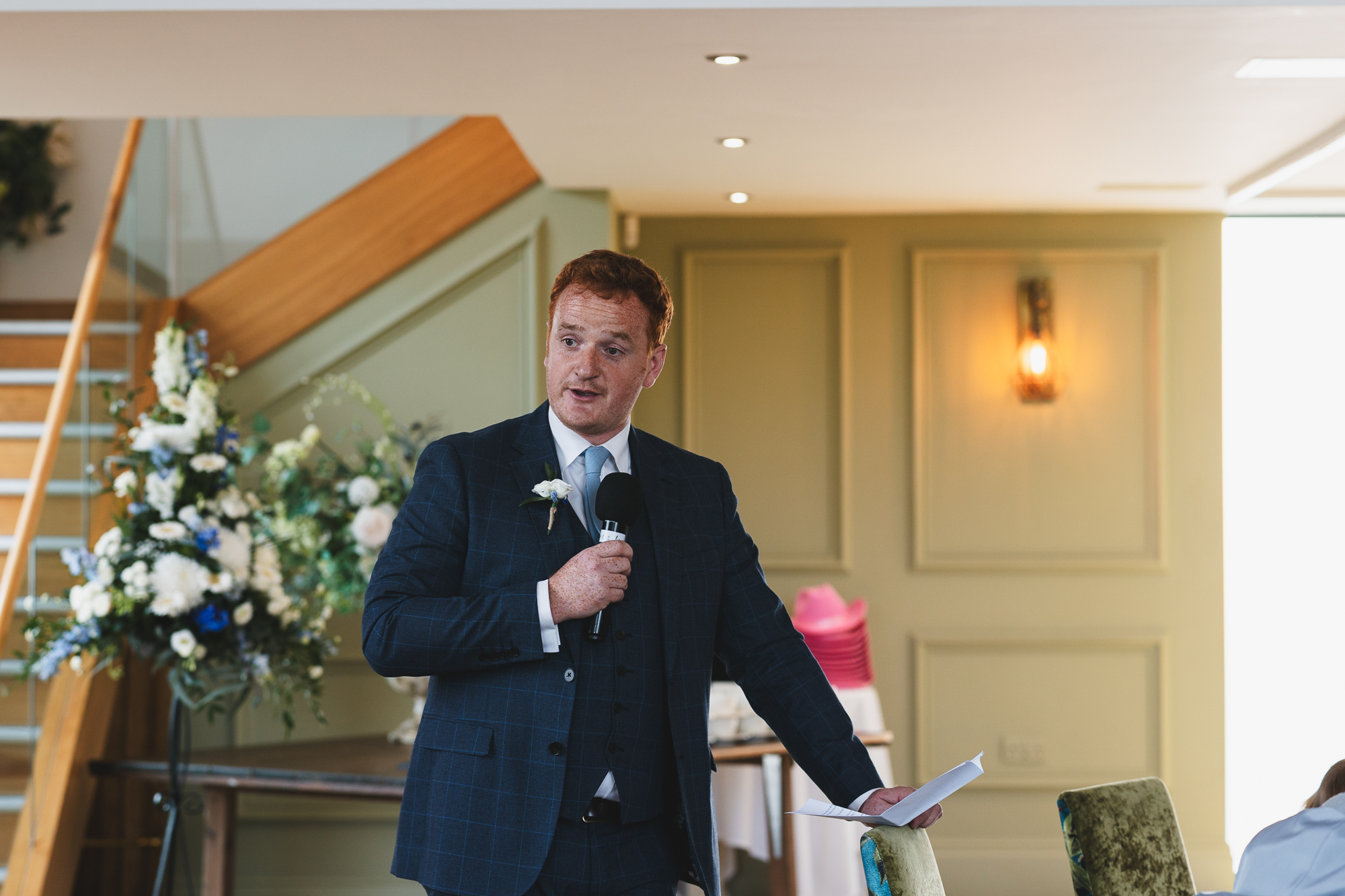 Groom giving an emotional wedding speech during a relaxed wedding reception at a Yorkshire wedding venue.