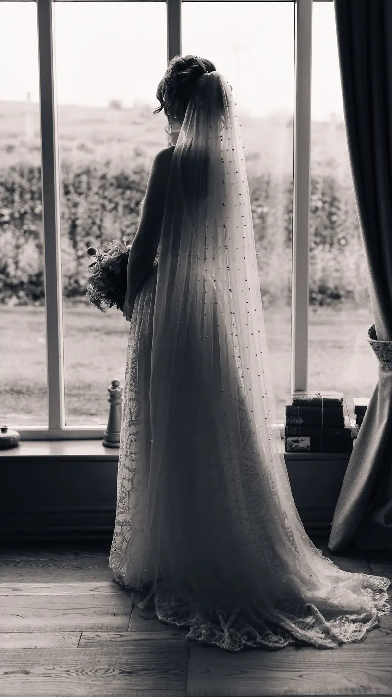Black and white bridal silhouette portrait by large wedding venue window