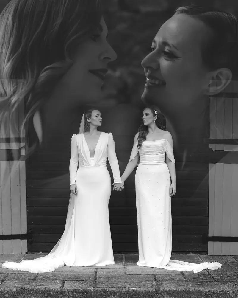 Black and white lesbian wedding portrait with cinematic documentary style in Yorkshire