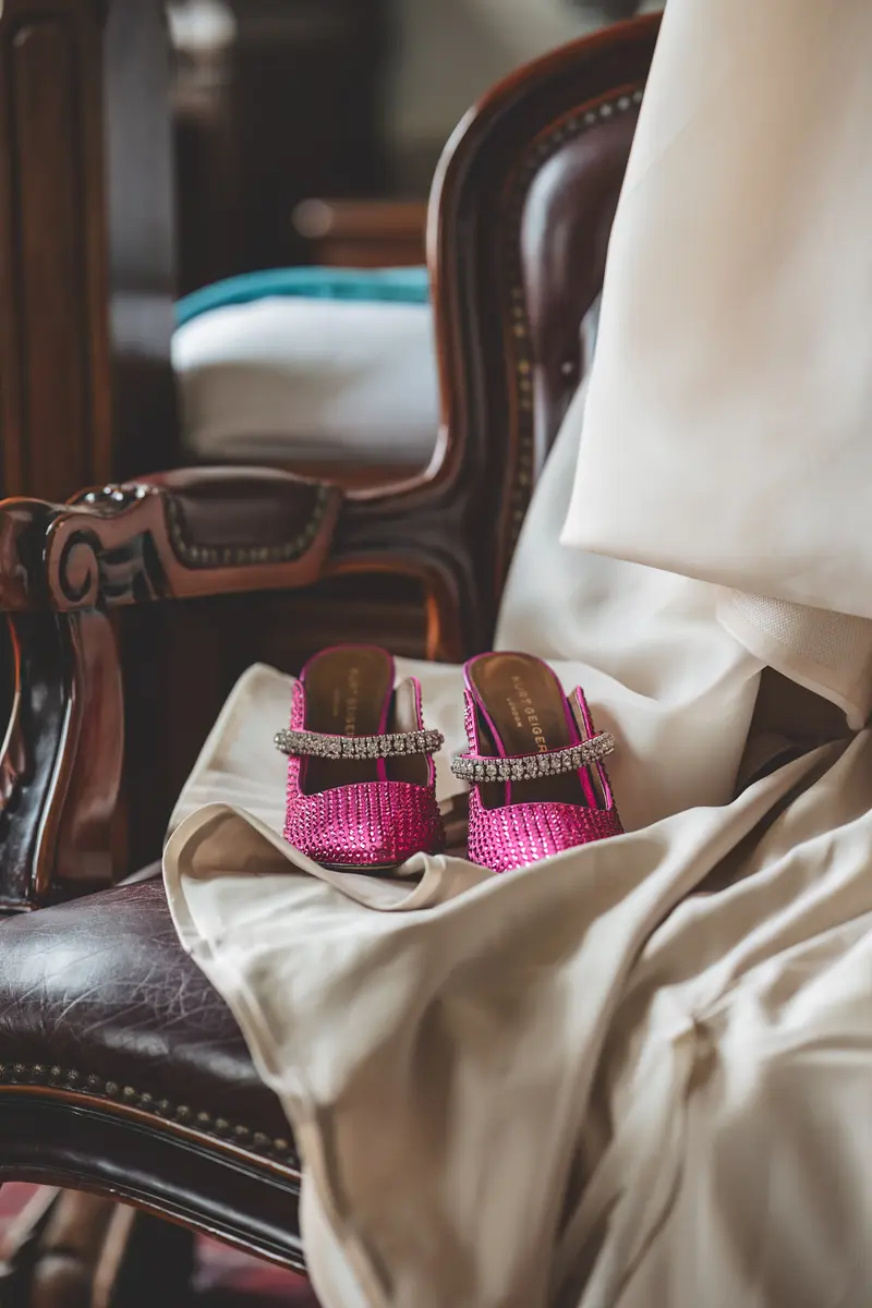 Close up bridal detail of pink wedding shoes beside the dress