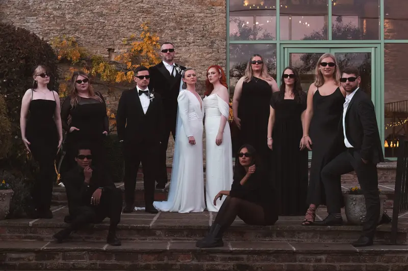Stylish wedding party portrait with cinematic documentary photography