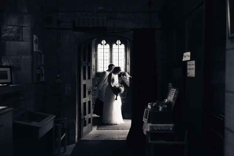 Black and white documentary wedding photography Yorkshire capturing bride before ceremony
