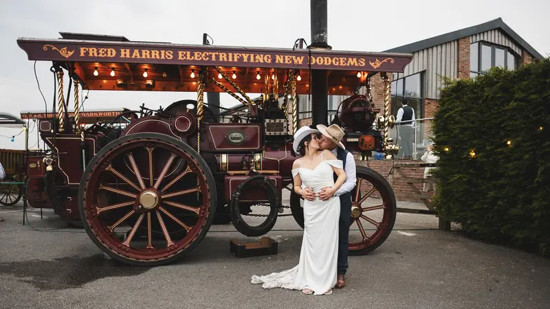 Vintage steam engine wedding portrait at Yorkshire wedding venue