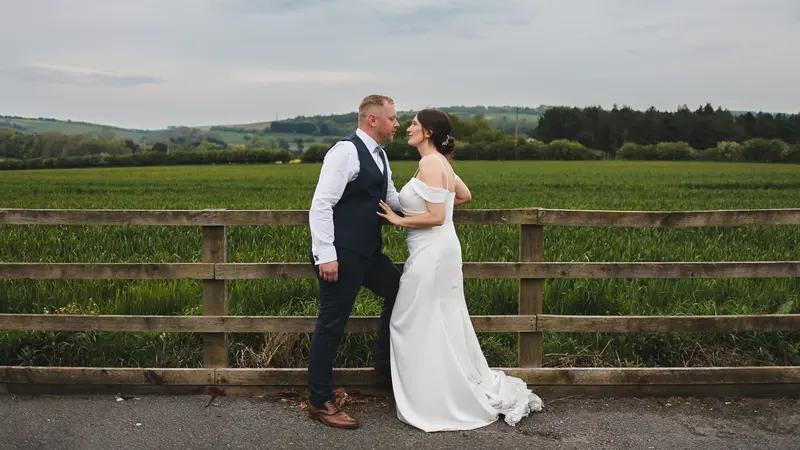 Romantic countryside wedding couple portrait with cinematic editing