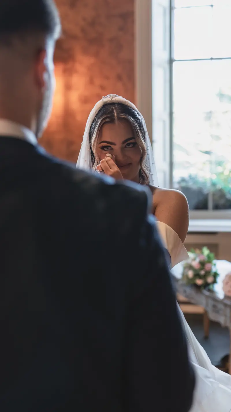 Bride wiping tears during emotional wedding ceremony moments