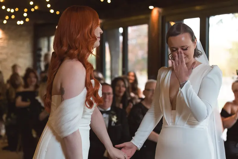 Emotional bride reaction during lesbian wedding ceremony at Yorkshire venue