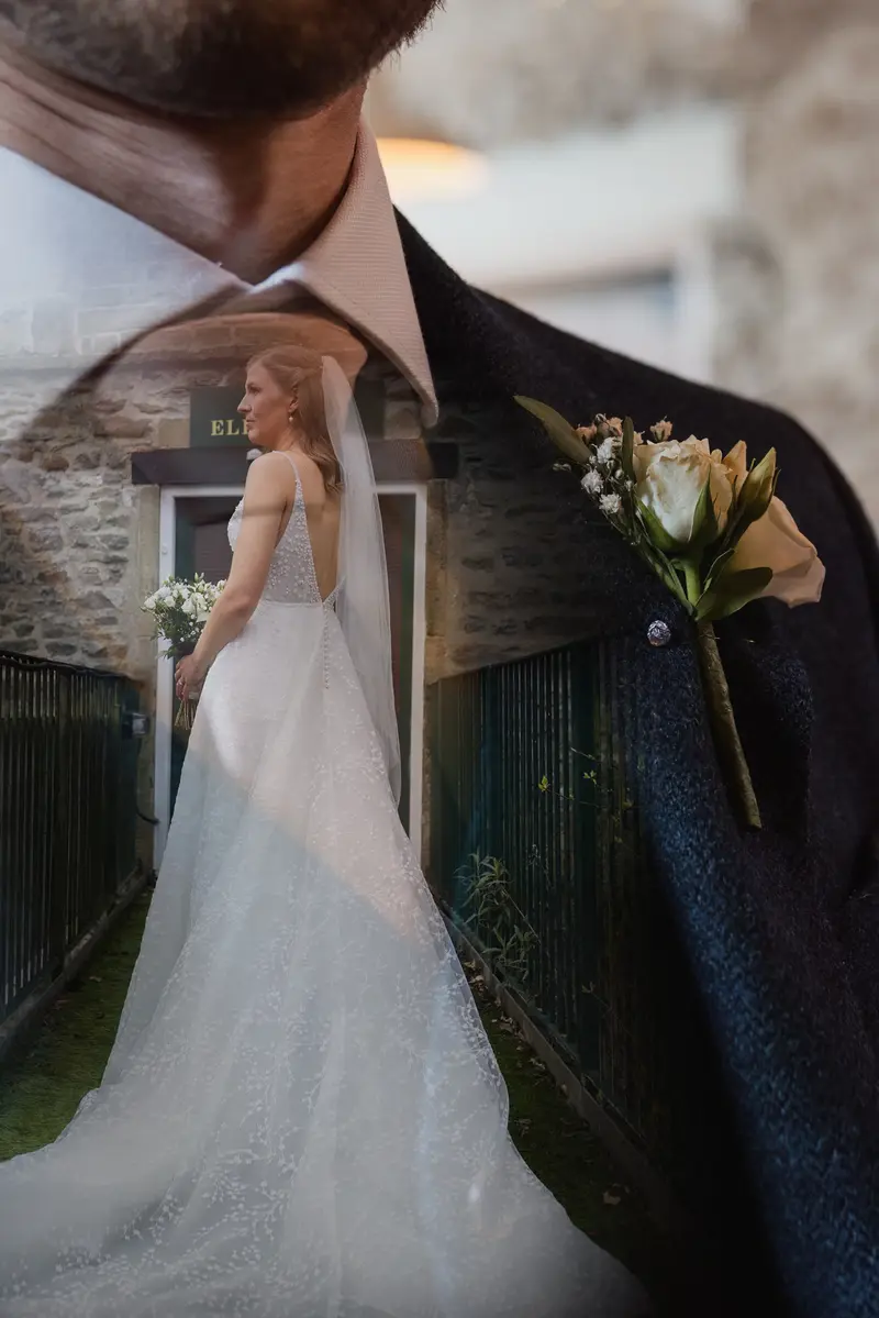 Creative double exposure wedding portrait of bride and groom details in Yorkshire