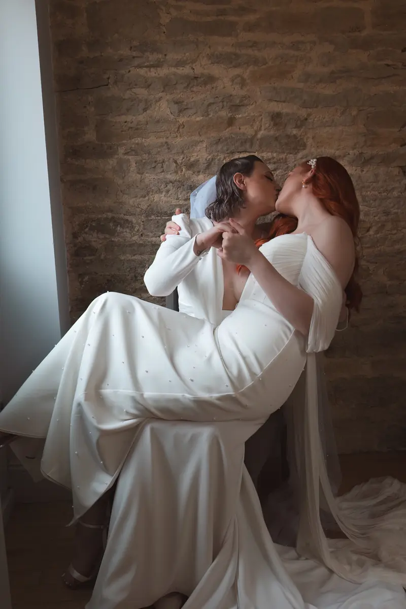 Romantic same sex wedding portrait with cinematic natural light