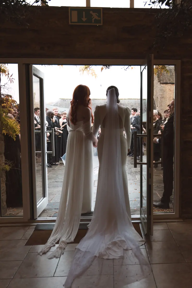 Lesbian wedding couple entrance documentary style