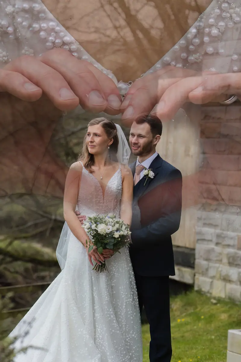 Creative double exposure documentary wedding portrait of bride and groom in Yorkshire