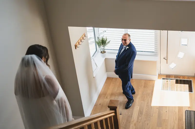 Father seeing bride before ceremony at Yorkshire wedding