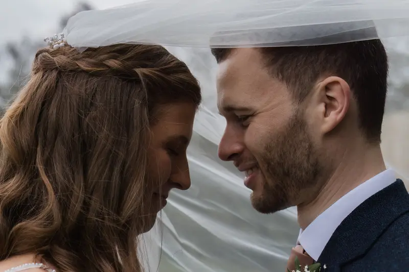 Emotional close up wedding portrait under bridal veil with natural documentary wedding photography style