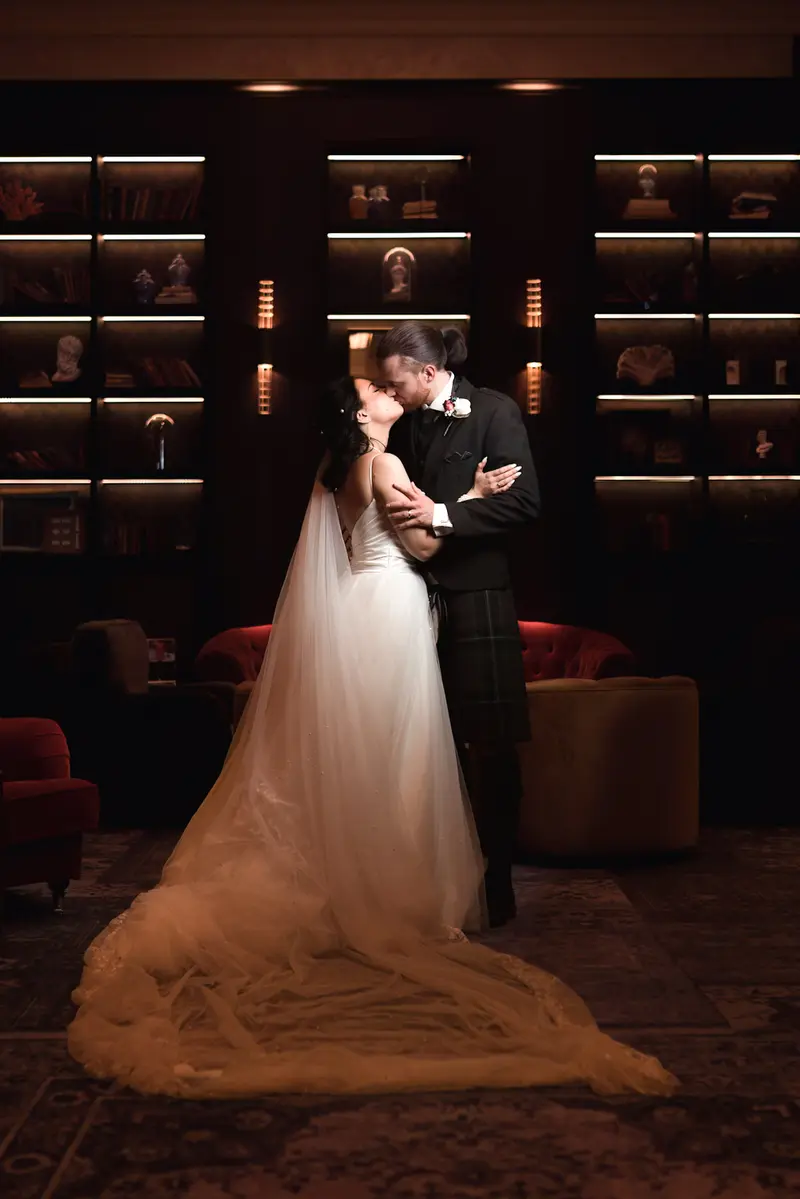 Elegant wedding couple portrait with moody lighting, cinematic wedding photography Liverpool