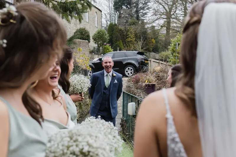 Emotional father first look reaction before wedding ceremony in Yorkshire
