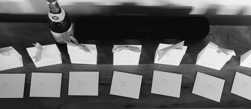 Black and white bridesmaid gift boxes and wedding morning details flat lay photograph