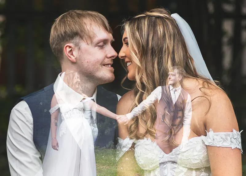 Double exposure wedding portrait of the bride and groom with artistic reflections