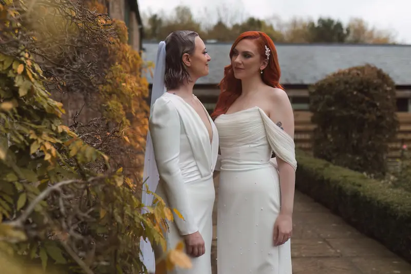 Same sex wedding couple portrait autumn venue