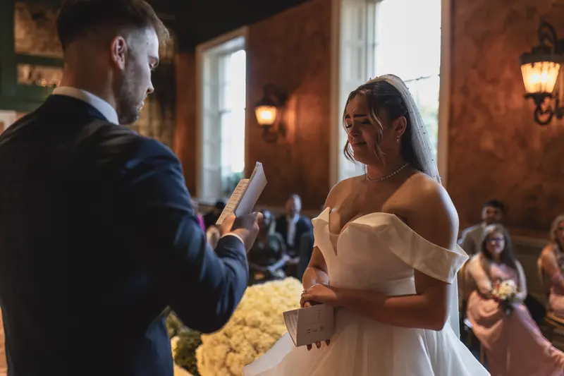 Tearful wedding vows captured in documentary wedding photography style