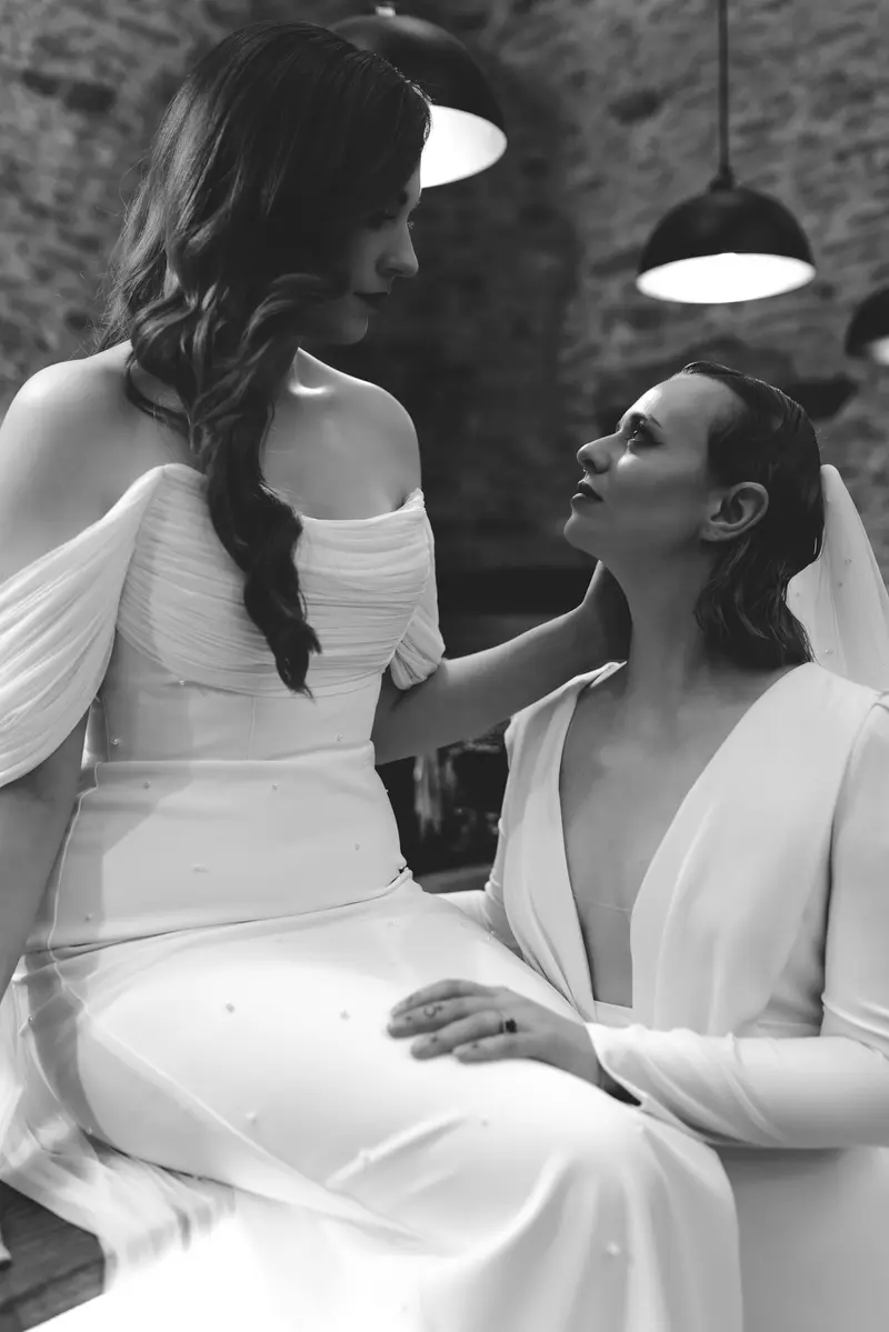 Black and white lesbian wedding portrait UK
